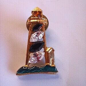 Gold Tone Crystal Lighthouse Nautical Brooch Pin Black Crystal Amber Stones